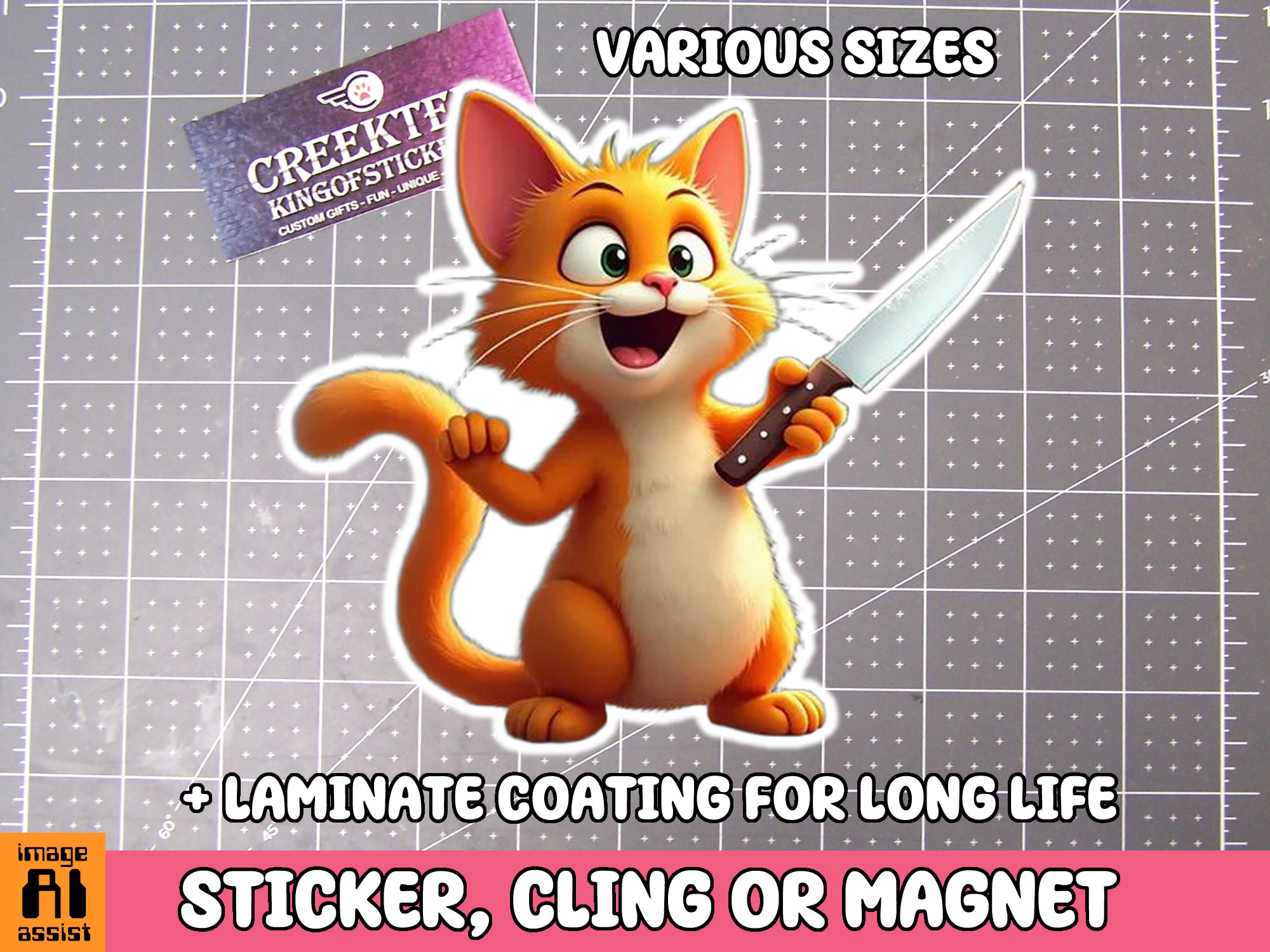 Cat with Knife Die Cut Vinyl Sticker  Window Cling or Magnet with Laminate Coating in Various Sizes
