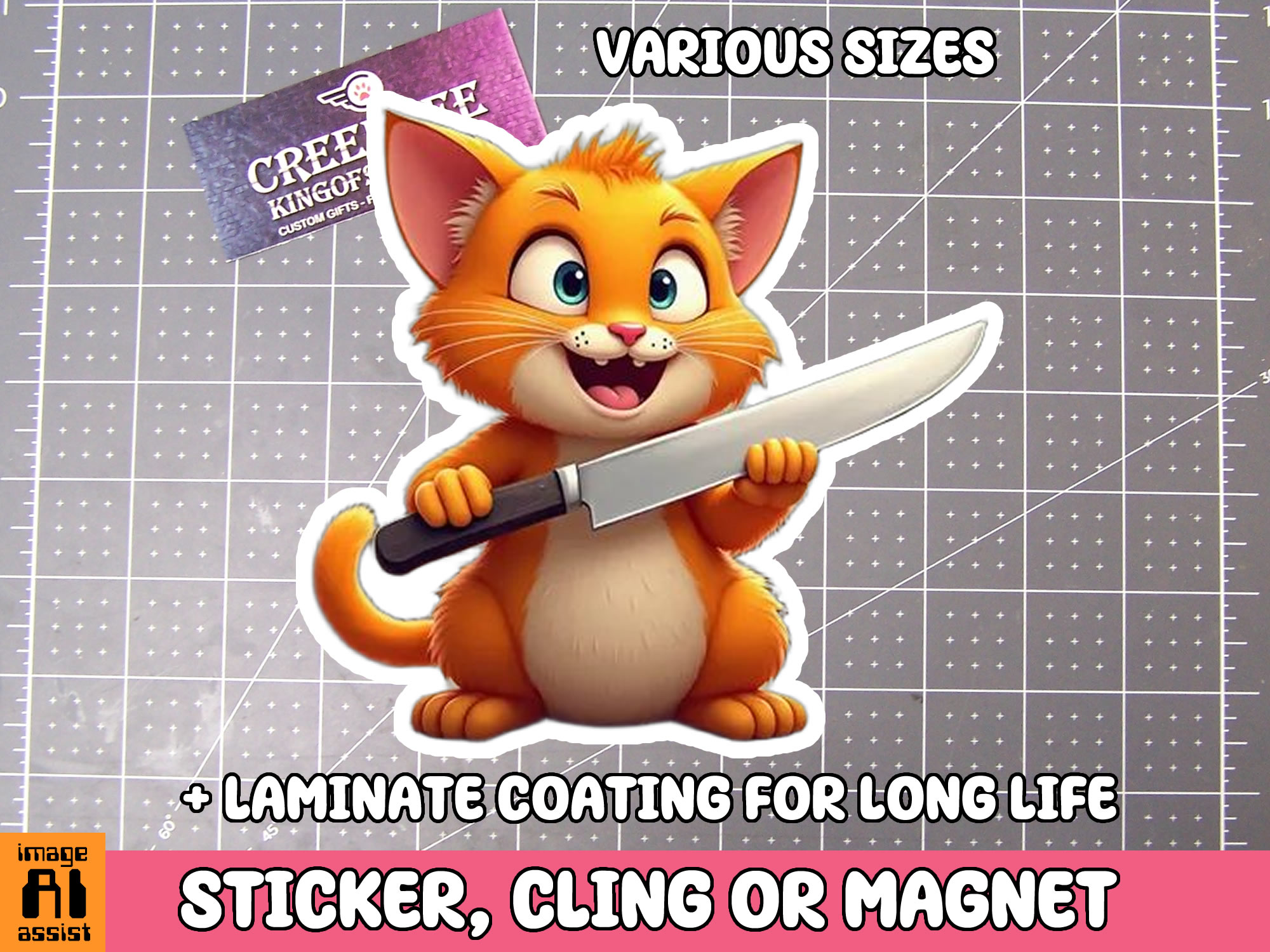 Cat with Knife Die Cut Vinyl Sticker  Window Cling or Magnet with Laminate Coating in Various Sizes