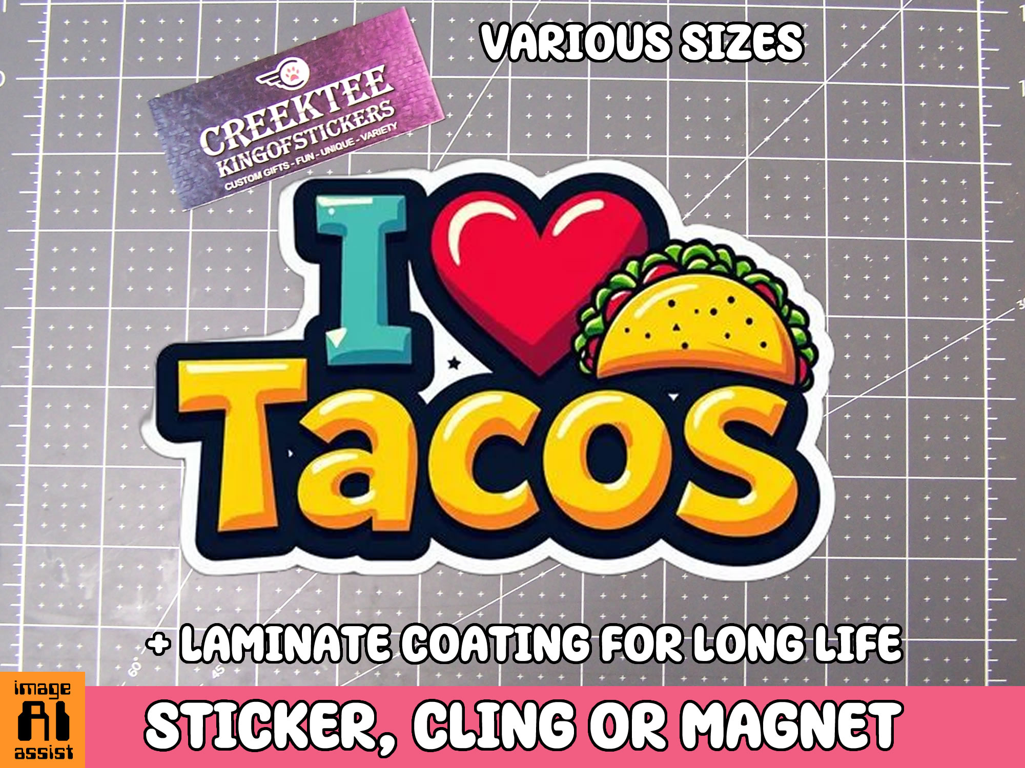 I love Tacos Die Cut Vinyl Sticker  Window Cling or Magnet with Laminate Coating in Various Sizes