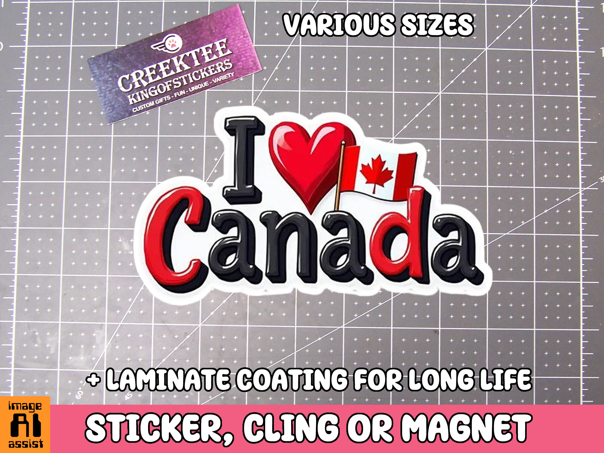 I Love Canada Die Cut Vinyl Sticker  Window Cling or Magnet with Laminate Coating in Various Sizes