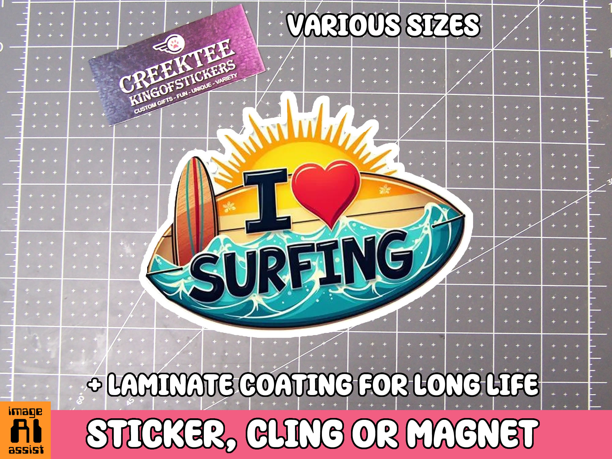 I Love Surfing Die Cut Vinyl Sticker  Window Cling or Magnet with Laminate Coating in Various Sizes