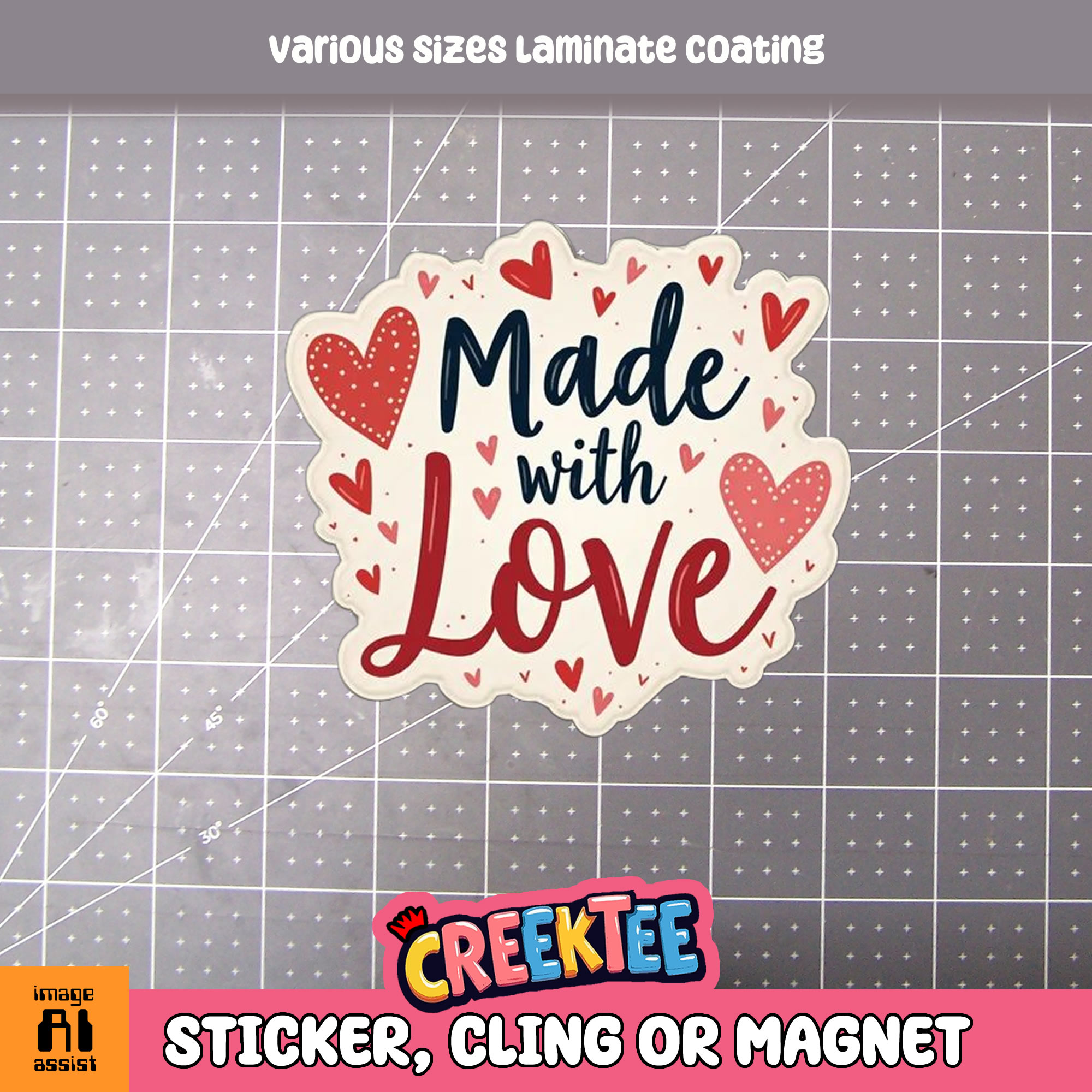 Made with Love Die Cut Vinyl Sticker  Window Cling or Magnet with Laminate Coating in Various Sizes