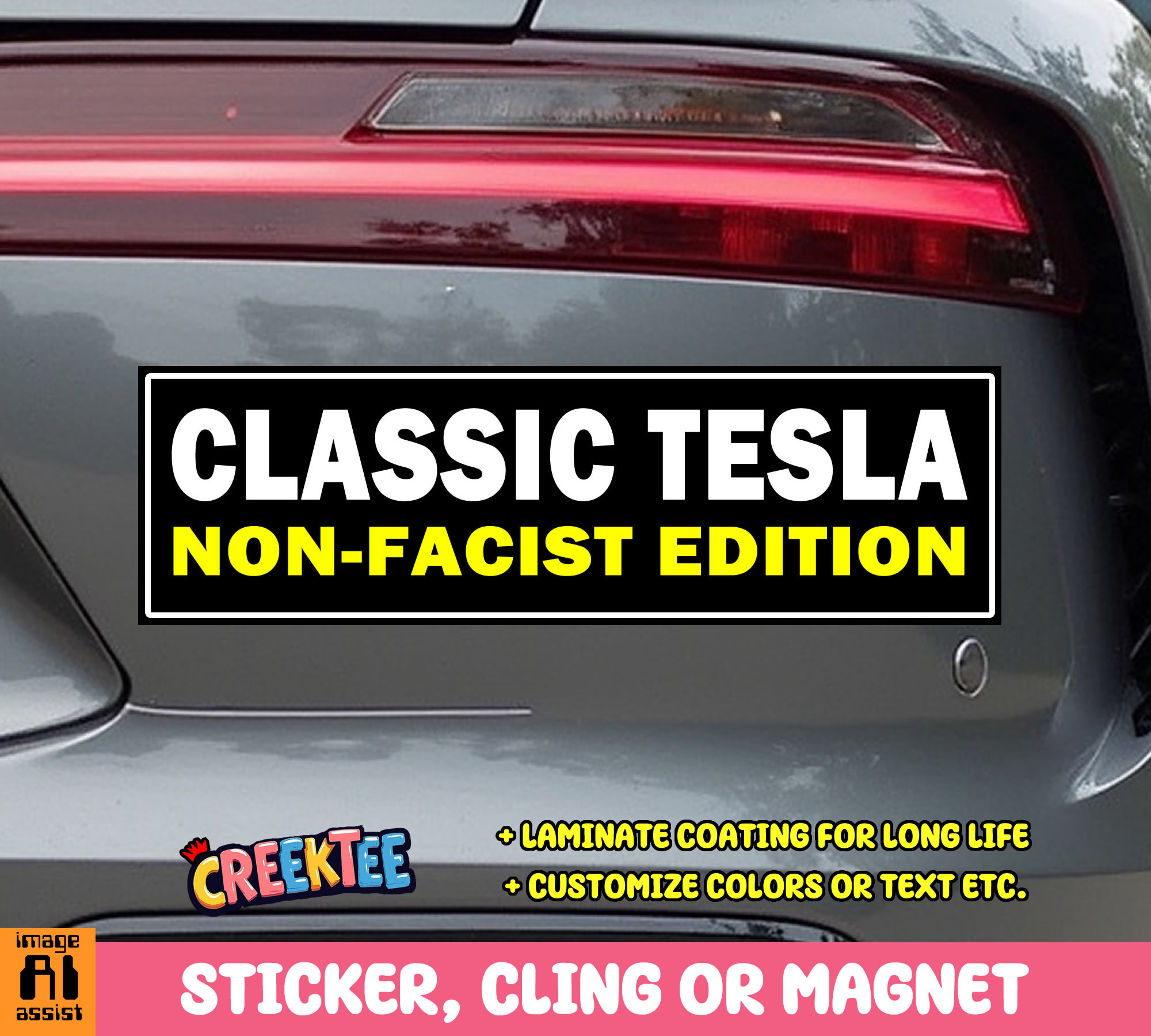 Classis Tesla Non-Facist Edition Vinyl Bumper Sticker  Window Cling or Magnet in UV Laminate Coating and Various Sizes