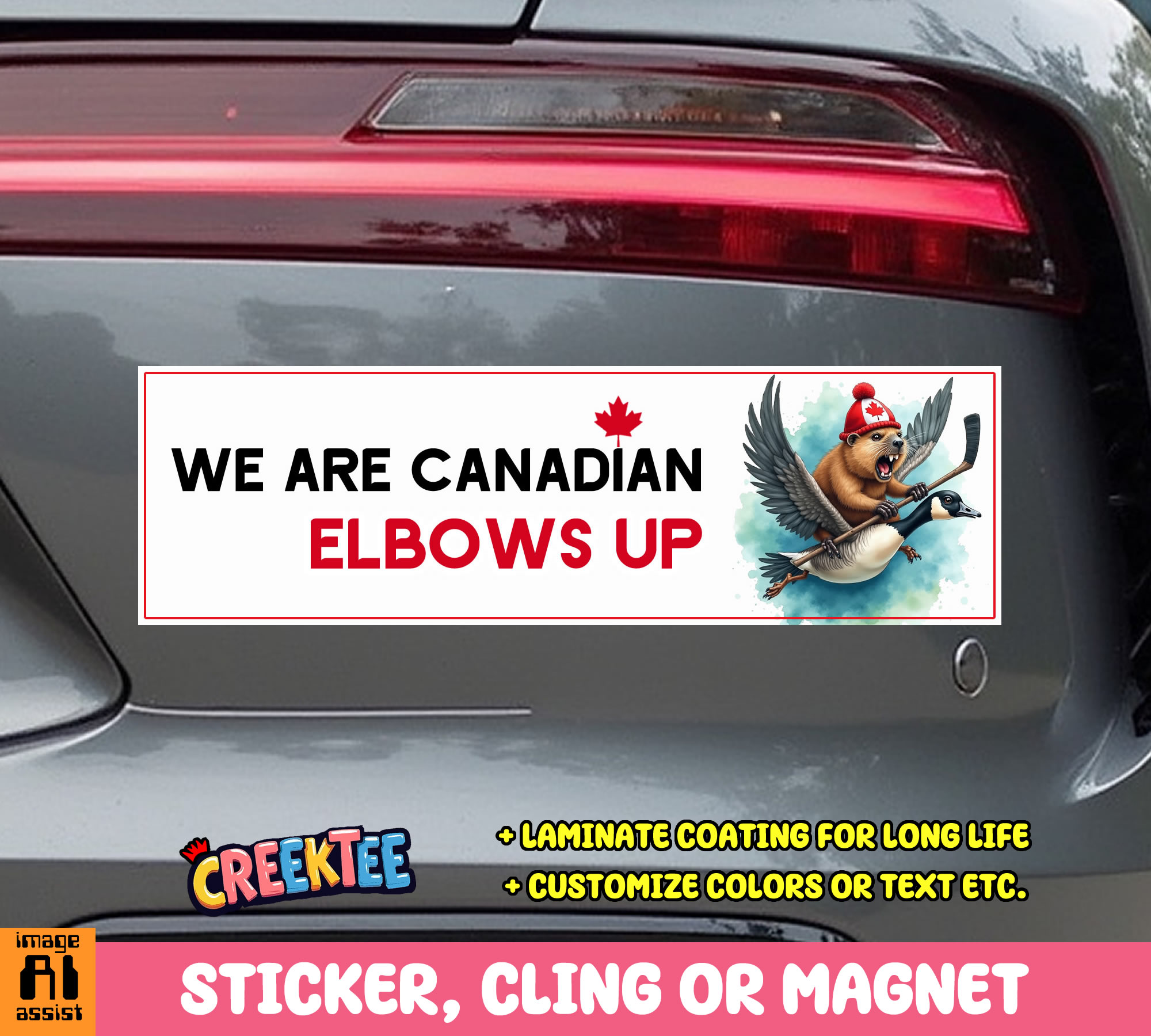 We are Canadian  Elbows Up Vinyl Bumper Sticker  Window Cling or Magnet in UV Laminate Coating and Various Sizes