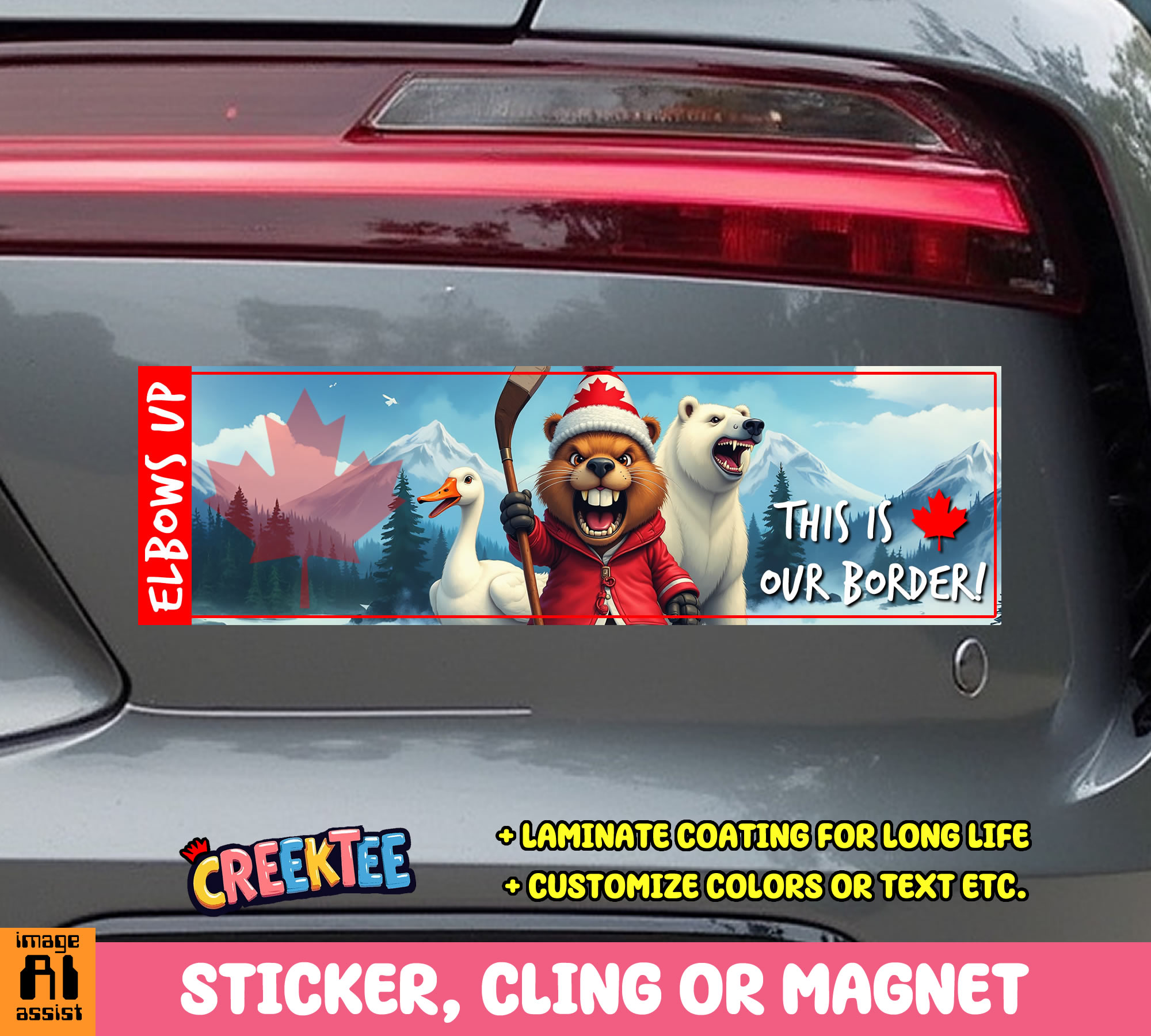 This Is Our Border  Elbows Up Vinyl Bumper Sticker  Window Cling or Magnet in UV Laminate Coating and Various Sizes