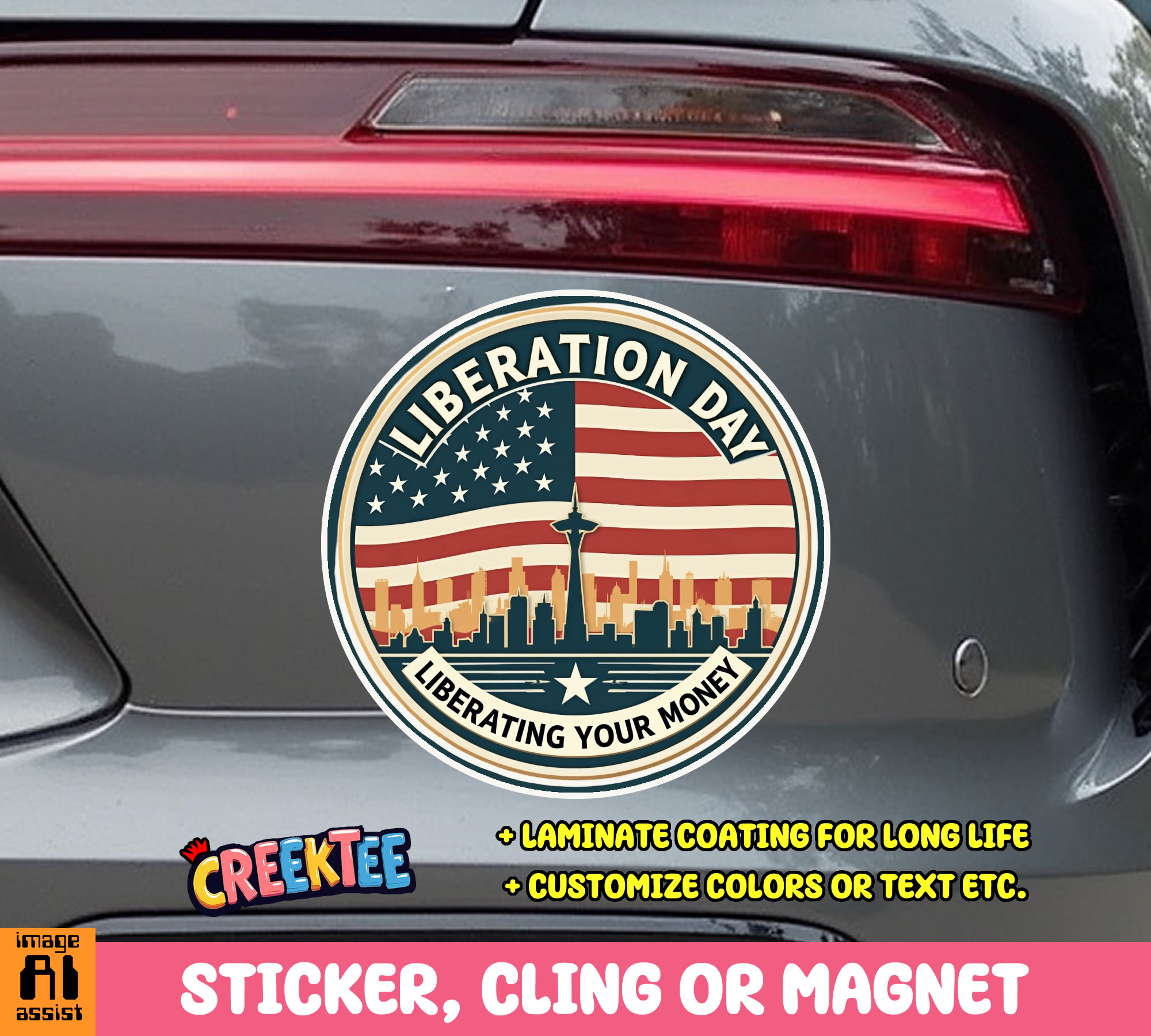 Liberation Day  Liberating your Money Vinyl Sticker  Window Cling or Magnet with Laminate Coating in Various Sizes