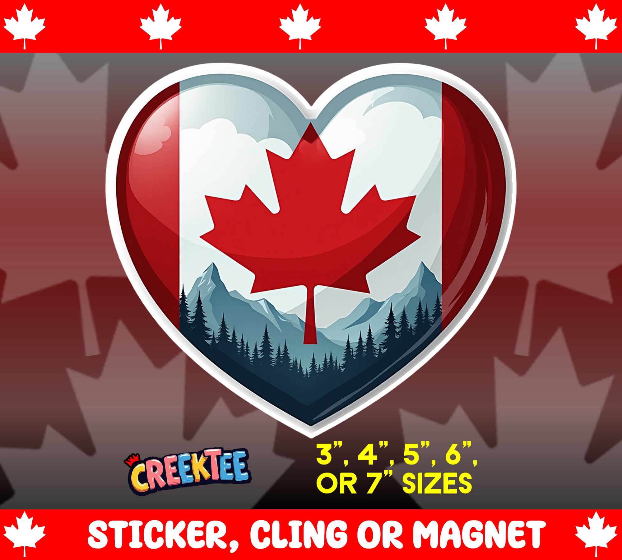 Canada Heart Die Cut Vinyl Sticker  Window Cling or Magnet with Laminate Coating in Various Sizes