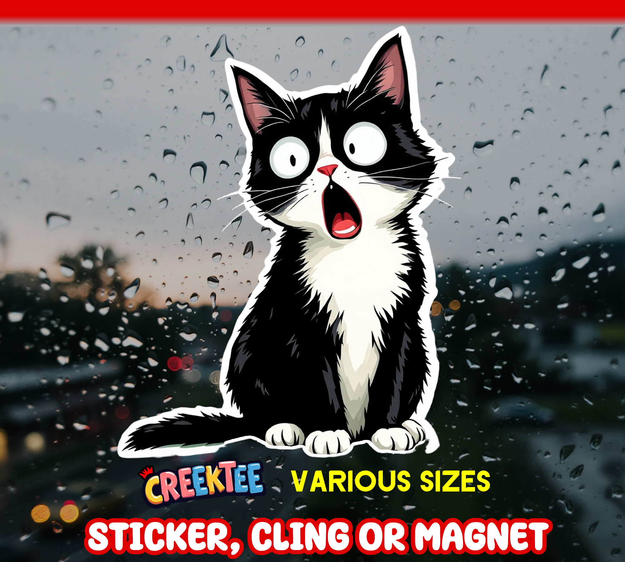 Shocked Black and White Cat Die Cut Vinyl Sticker  Window Cling or Magnet with Laminate Coating in Various Sizes
