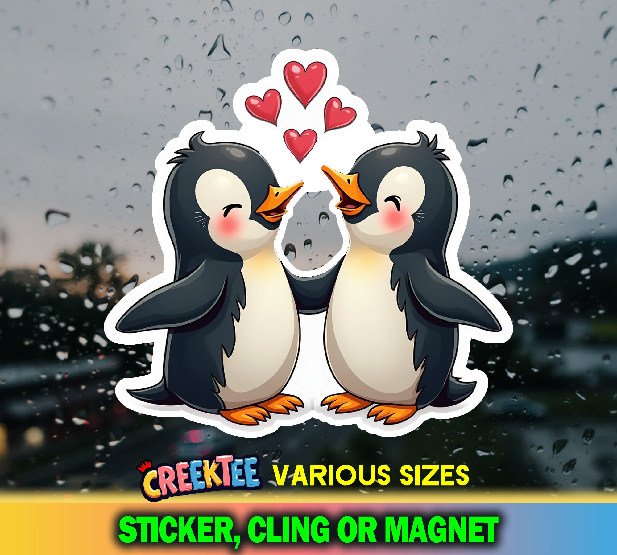 Penguin Love Die Cut Vinyl Sticker  Window Cling or Magnet with Laminate Coating in Various Sizes