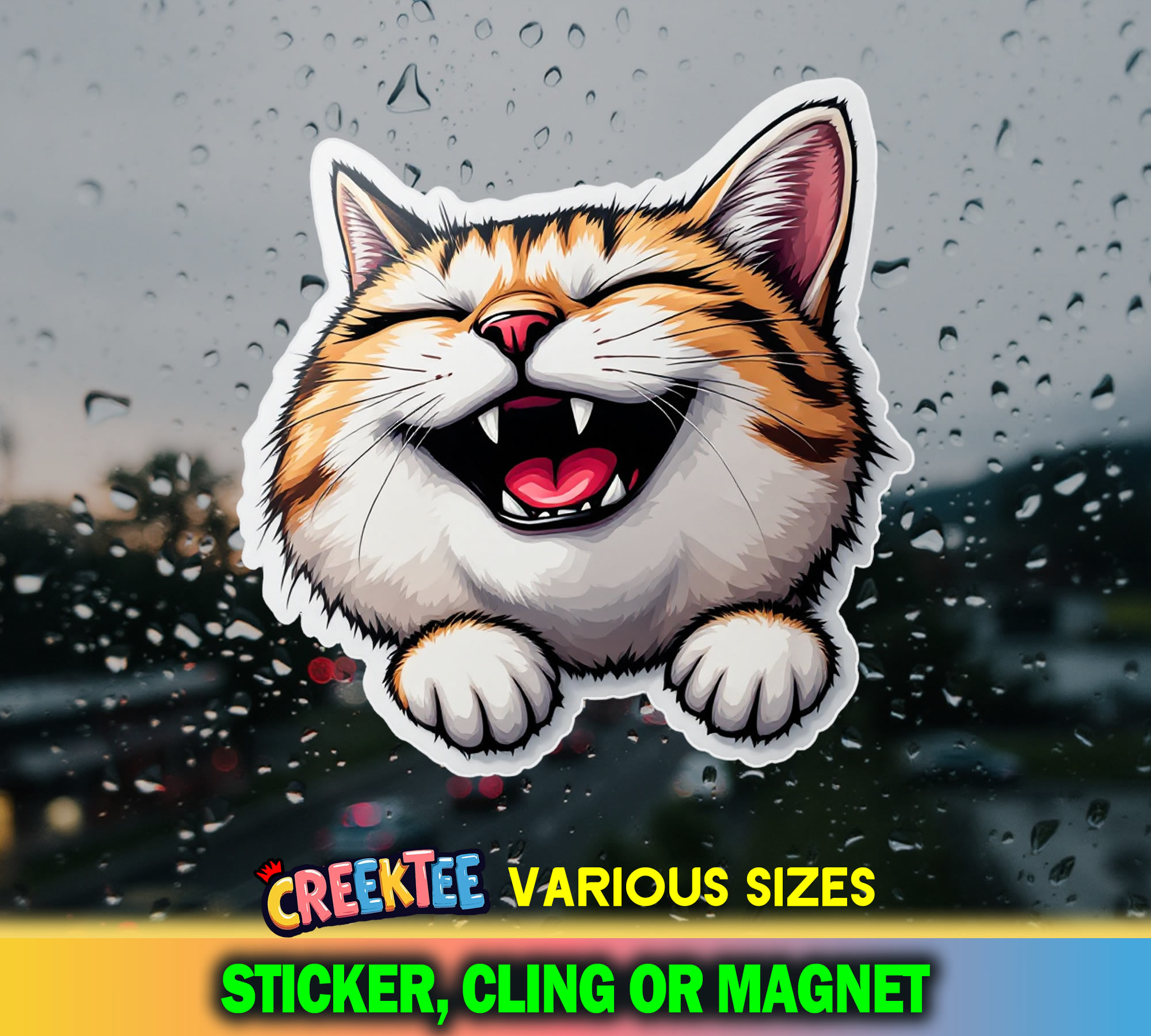 Happy Cat Die Cut Vinyl Sticker  Window Cling or Magnet with Laminate Coating in Various Sizes
