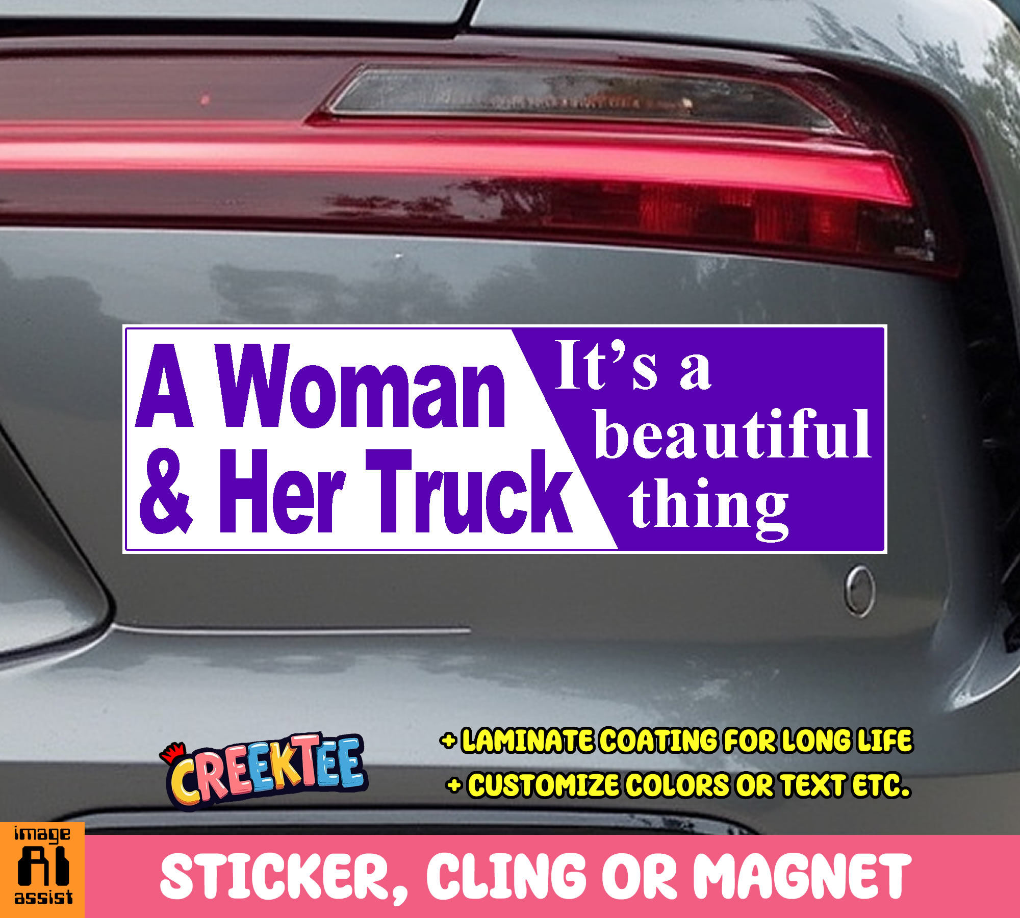 A Woman   her Truck  It s a Beautiful Thing Vinyl Bumper Sticker  Window Cling or Bumper Sticker Magnet in UV Laminate Coating
