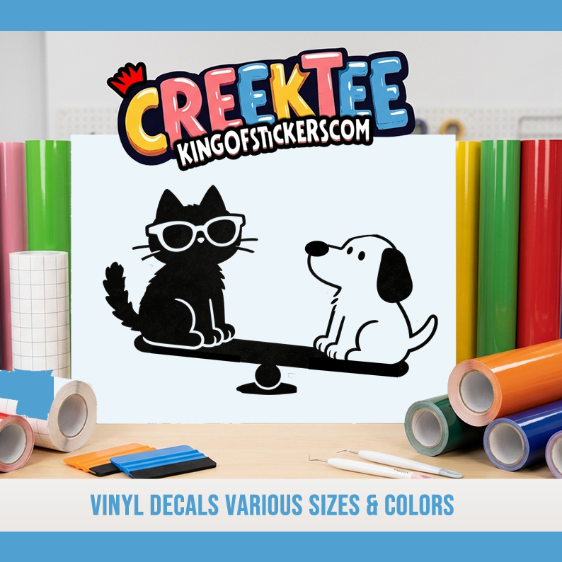 Cool Cat and Dog Playing Vinyl Decal In Various Colors  Chrome Colors and Various Sizes