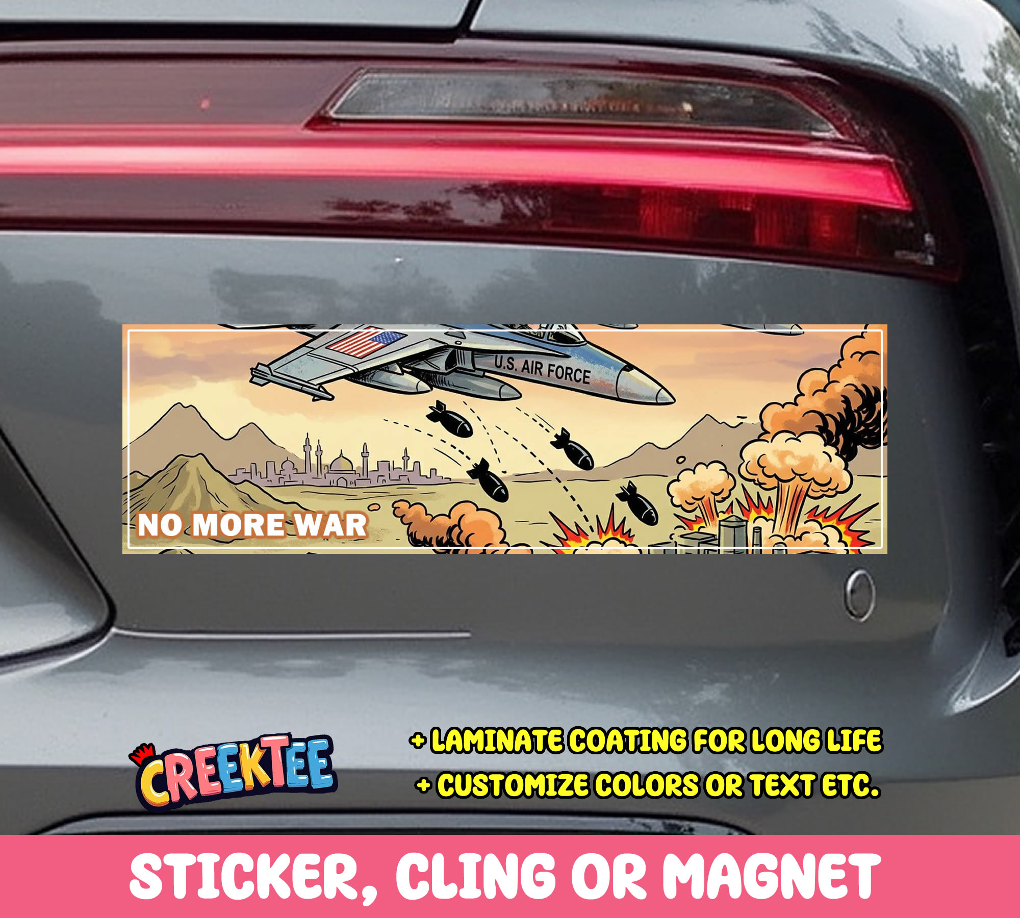 No More War Vinyl Bumper Sticker  Window Cling or Magnet in UV Laminate Coating and Various Sizes